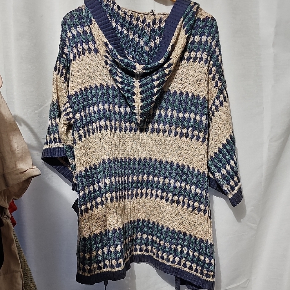 Boho Cozy Striped Hooded Cardigan in Blue and Cream